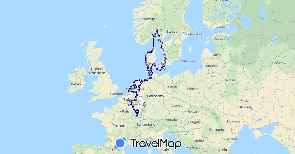 TravelMap itinerary: driving in Belgium, Germany, Denmark, France, Luxembourg, Netherlands, Norway, Sweden (Europe)